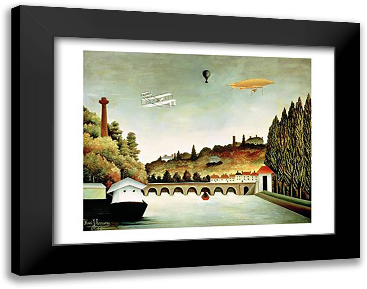 View of the Bridge at Sevres and the Hills at Clamart 28x22 Black Modern Wood Framed Art Print Poster by Rousseau, Henri