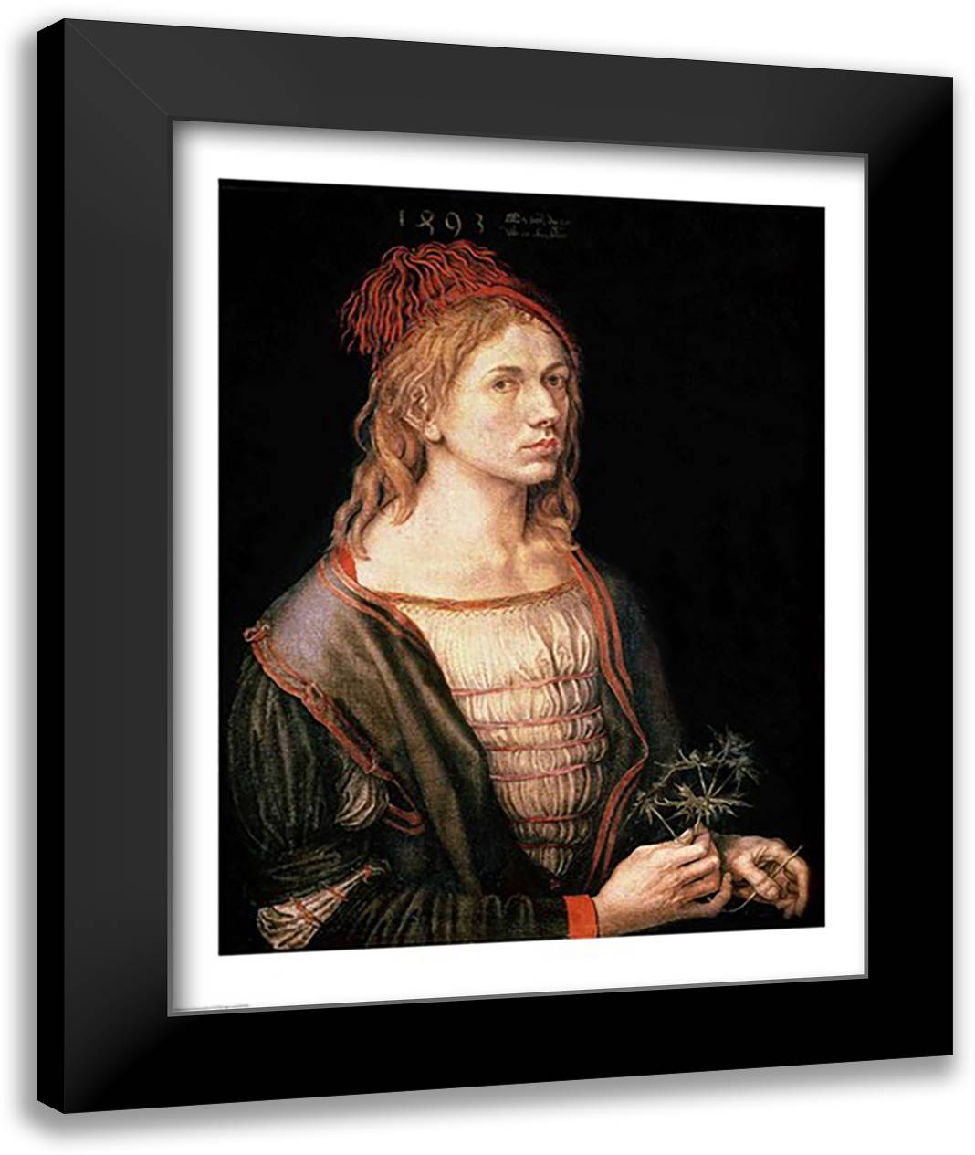 Self Portrait with a Thistle, 1493 22x28 Black Modern Wood Framed Art Print Poster by Durer, Albrecht