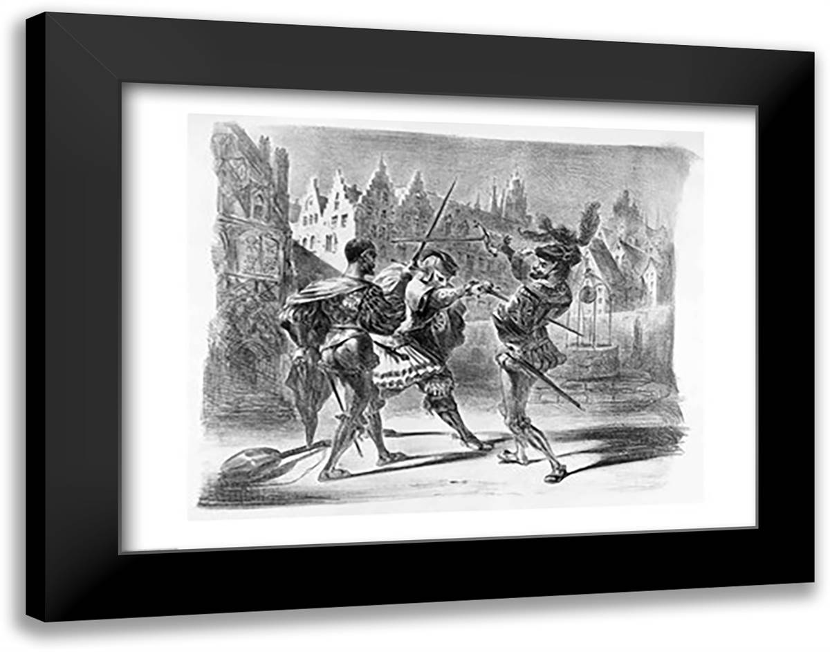 Duel between Faust and Valentine, from Goethe's Faust 28x22 Black Modern Wood Framed Art Print Poster by Delacroix, Eugene