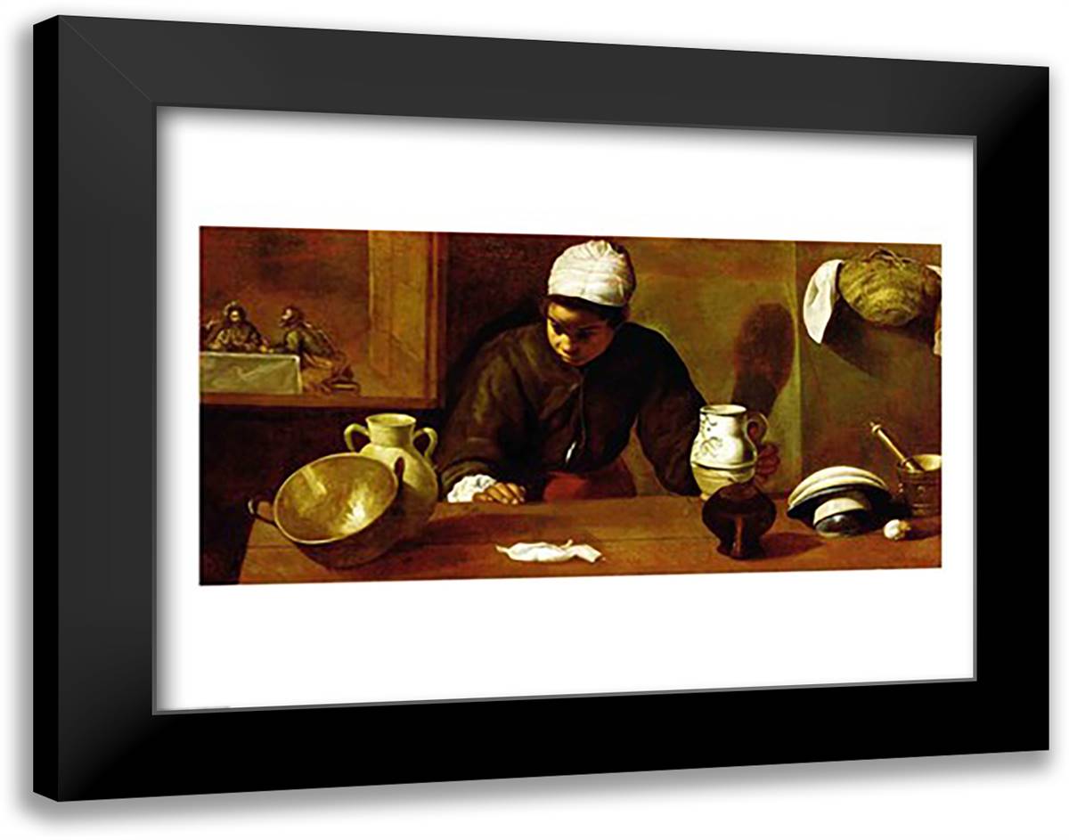 Kitchen Maid with the Supper at Emmaus, c.1618 28x22 Black Modern Wood Framed Art Print Poster by Velazquez, Diego