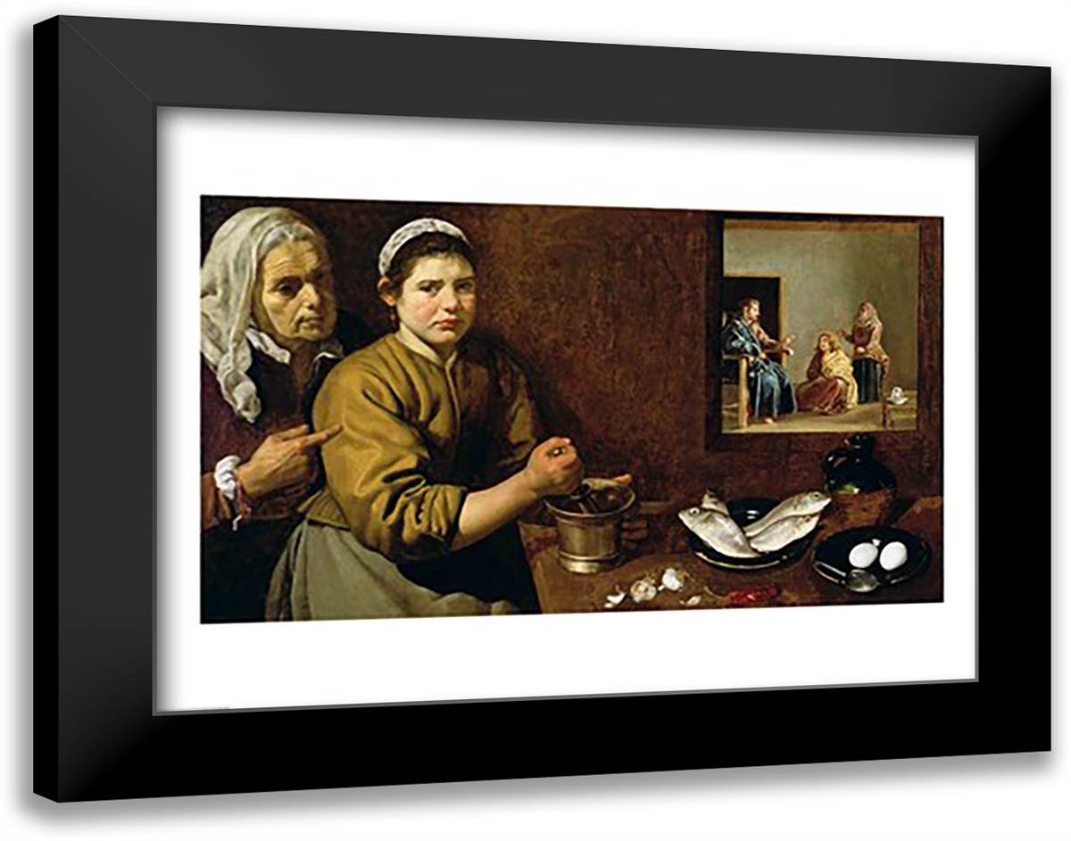 Kitchen Scene with Christ in the House of Martha and Mary 28x22 Black Modern Wood Framed Art Print Poster by Velazquez, Diego