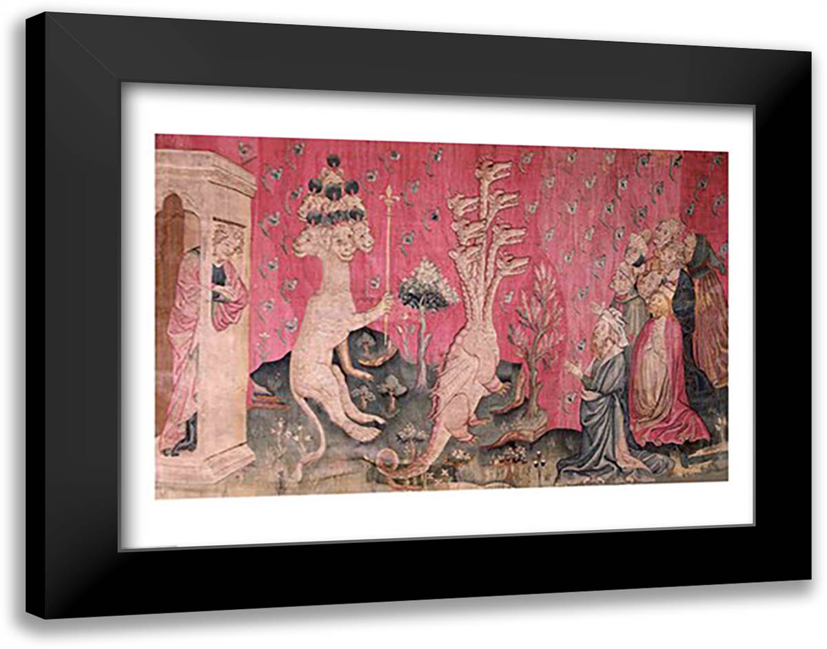The seven-headed beast from the sea receiving the homage of men 28x22 Black Modern Wood Framed Art Print Poster by Bataille, Nicolas