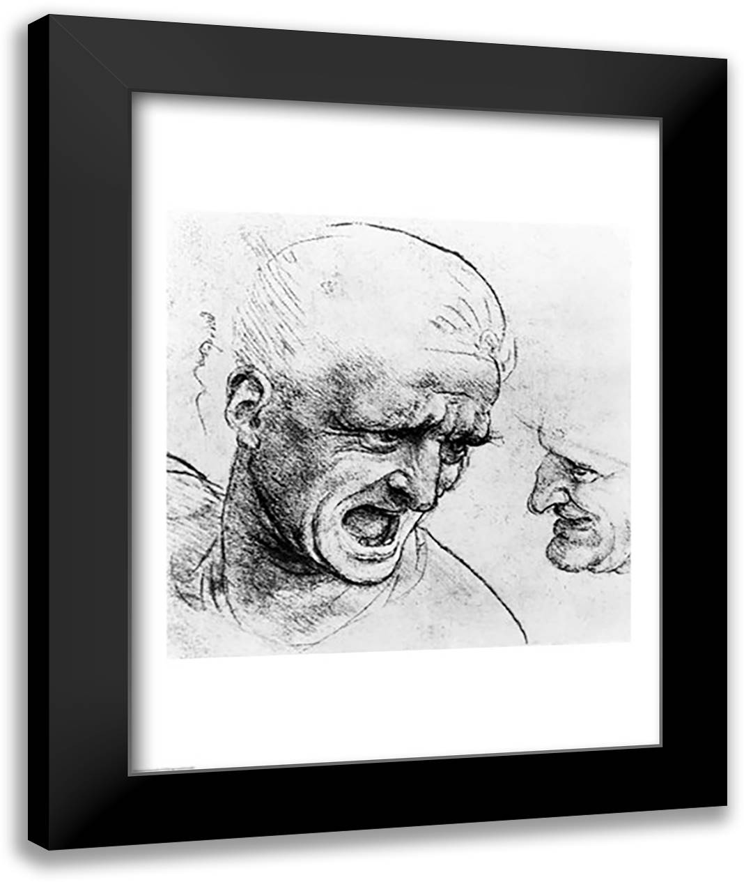 Studies for the heads of two soldiers in 'The Battle of Anghiari 22x28 Black Modern Wood Framed Art Print Poster by da Vinci, Leonardo