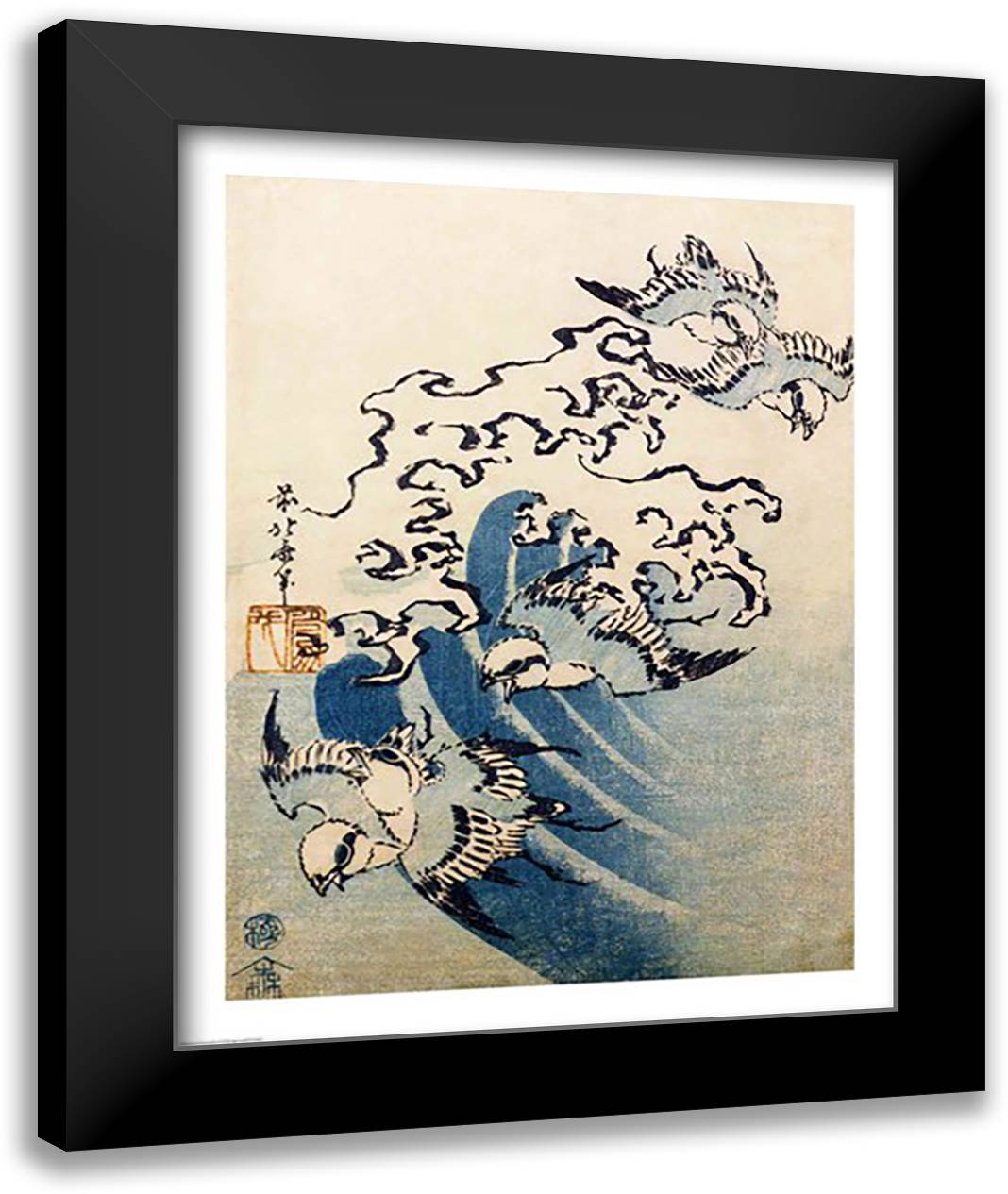 Waves and Birds 22x28 Black Modern Wood Framed Art Print Poster by Hokusai, Katsushika