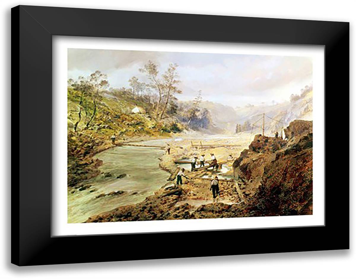 Fortyniners' washing gold from the Calaveres River, California, 1858 28x22 Black Modern Wood Framed Art Print Poster