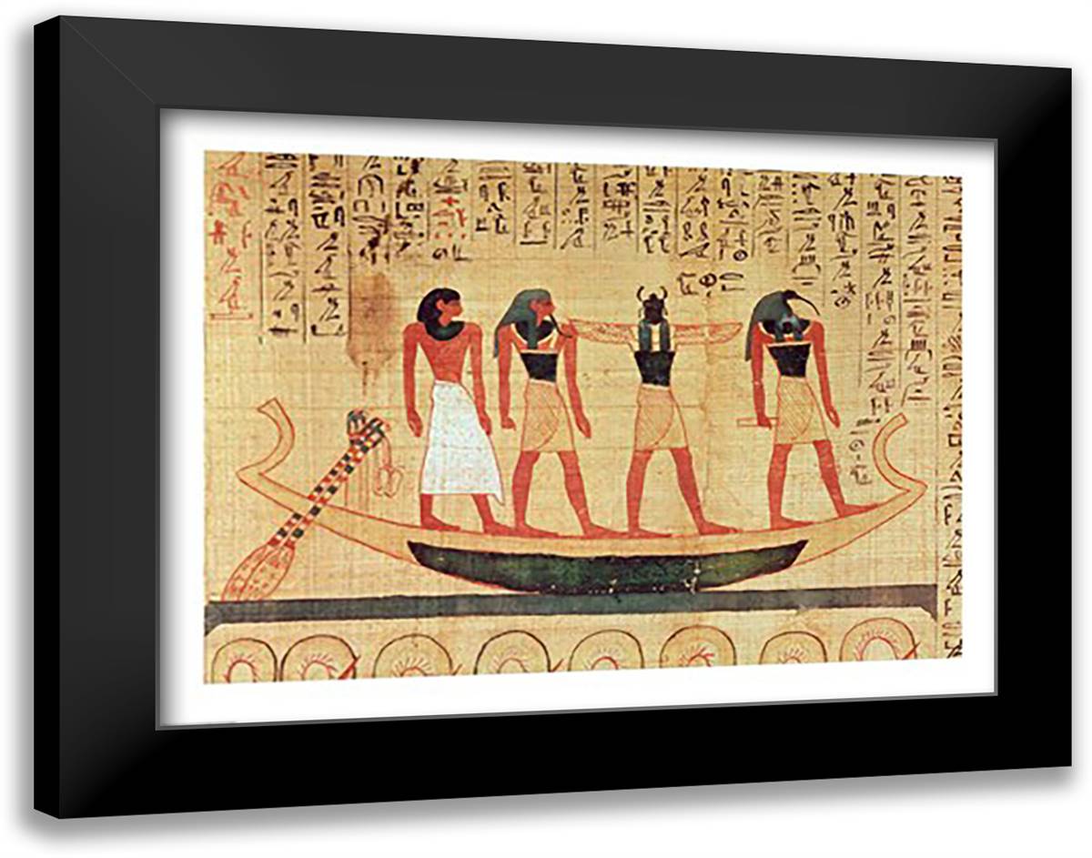 Papyrus depicting a man being transported on a barque to the afterlife 28x22 Black Modern Wood Framed Art Print Poster