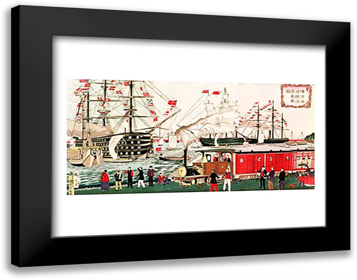 Commodore Perry's Gift of a Railway to the Japanese in 1853 28x22 Black Modern Wood Framed Art Print Poster by Hiroshige, Utagawa