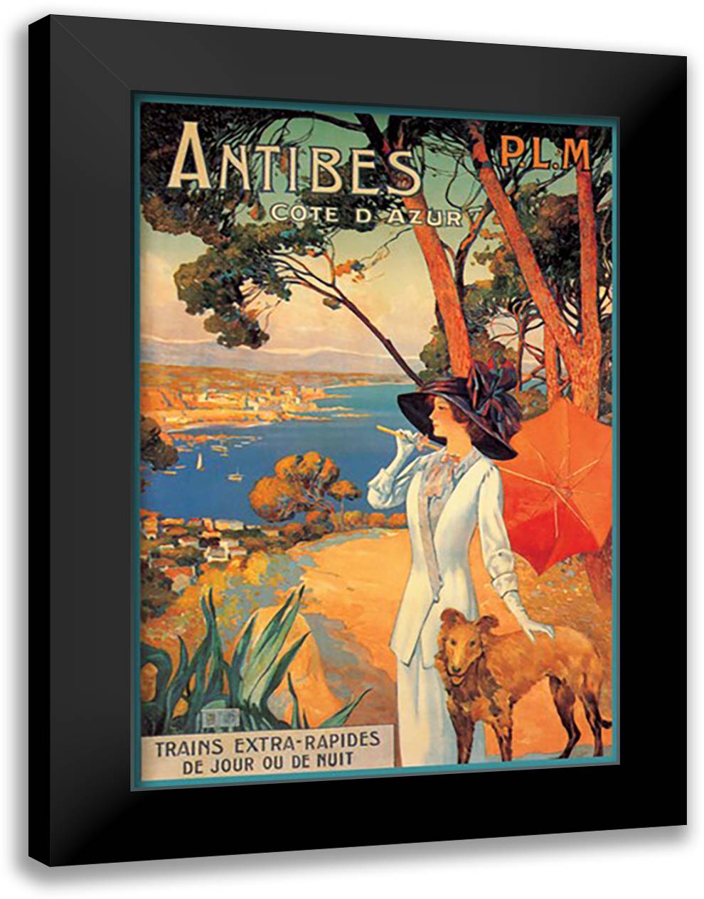 Antibes (PLM), Lady in White with Parasol & Dog 16x22 Black Modern Wood Framed Art Print Poster by Dellepiane, David