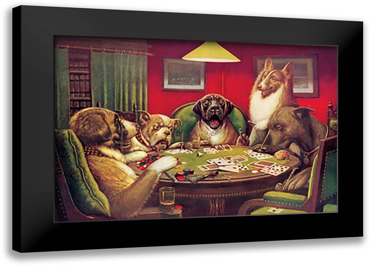 Dog Poker - "Stun, Shock & the Win" 22x16 Black Modern Wood Framed Art Print Poster by Coolidge, Cassius Marcellus