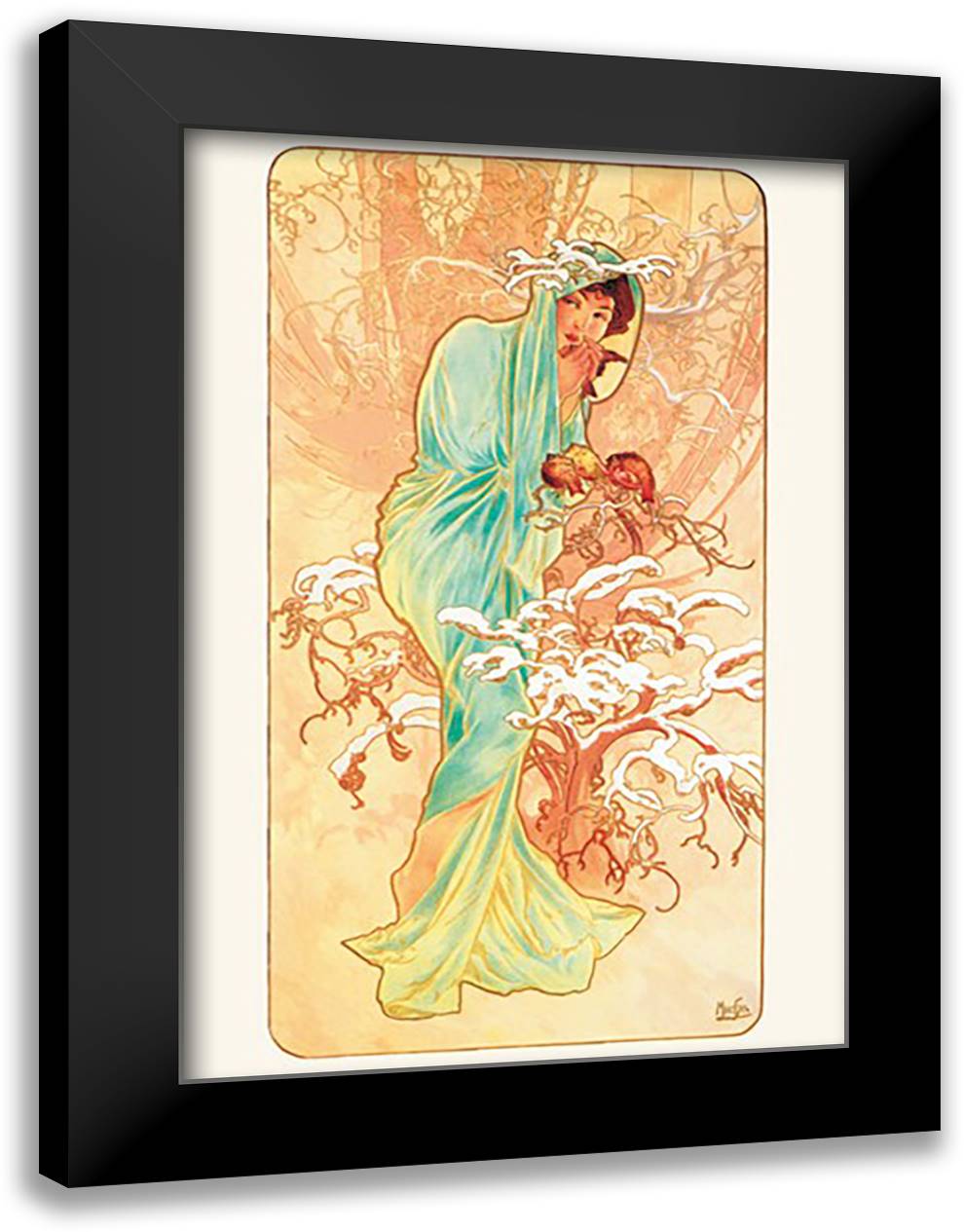 Winter 16x22 Black Modern Wood Framed Art Print Poster by Mucha, Alphonse