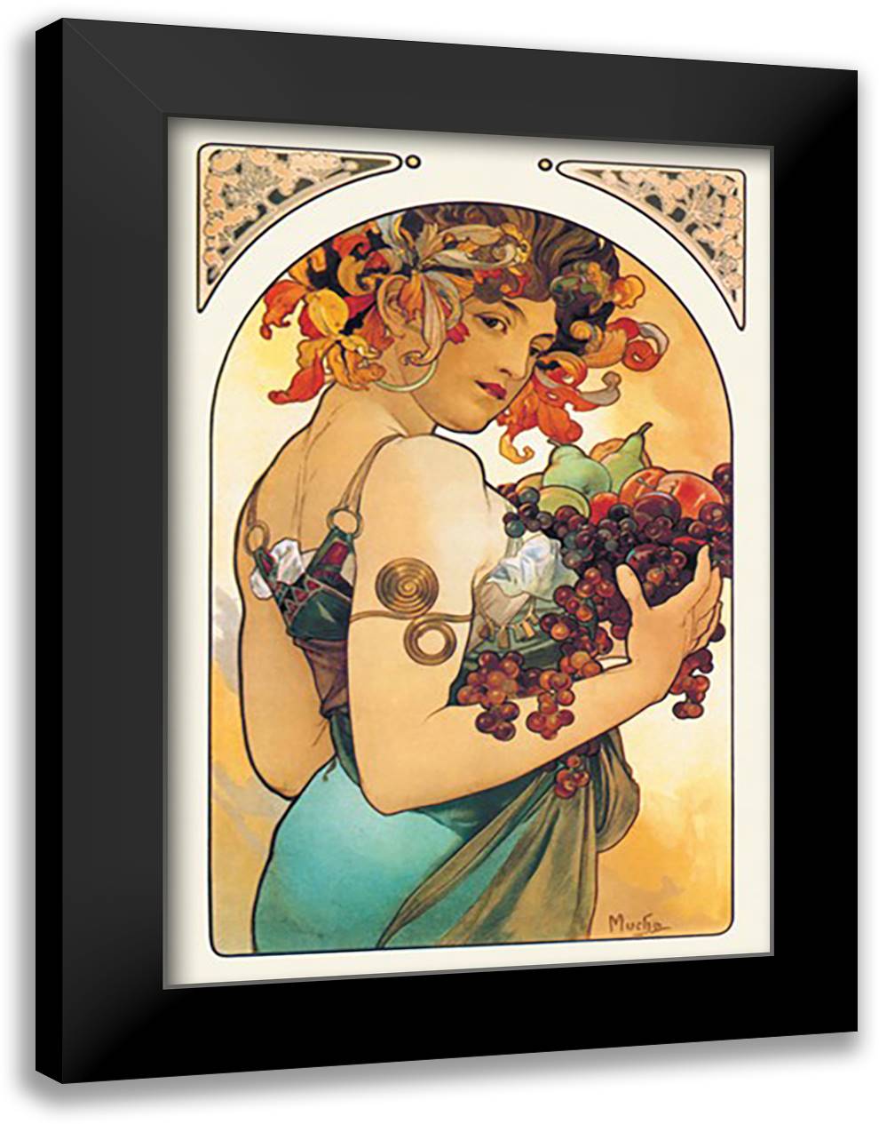 Fruit 16x22 Black Modern Wood Framed Art Print Poster by Mucha, Alphonse