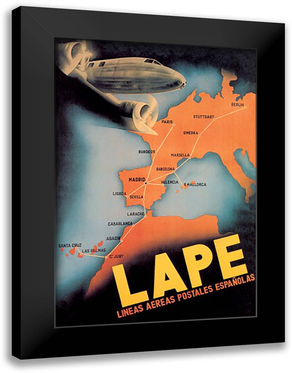 LAPE - Spanish Postal Airlines European Routes 16x22 Black Modern Wood Framed Art Print Poster