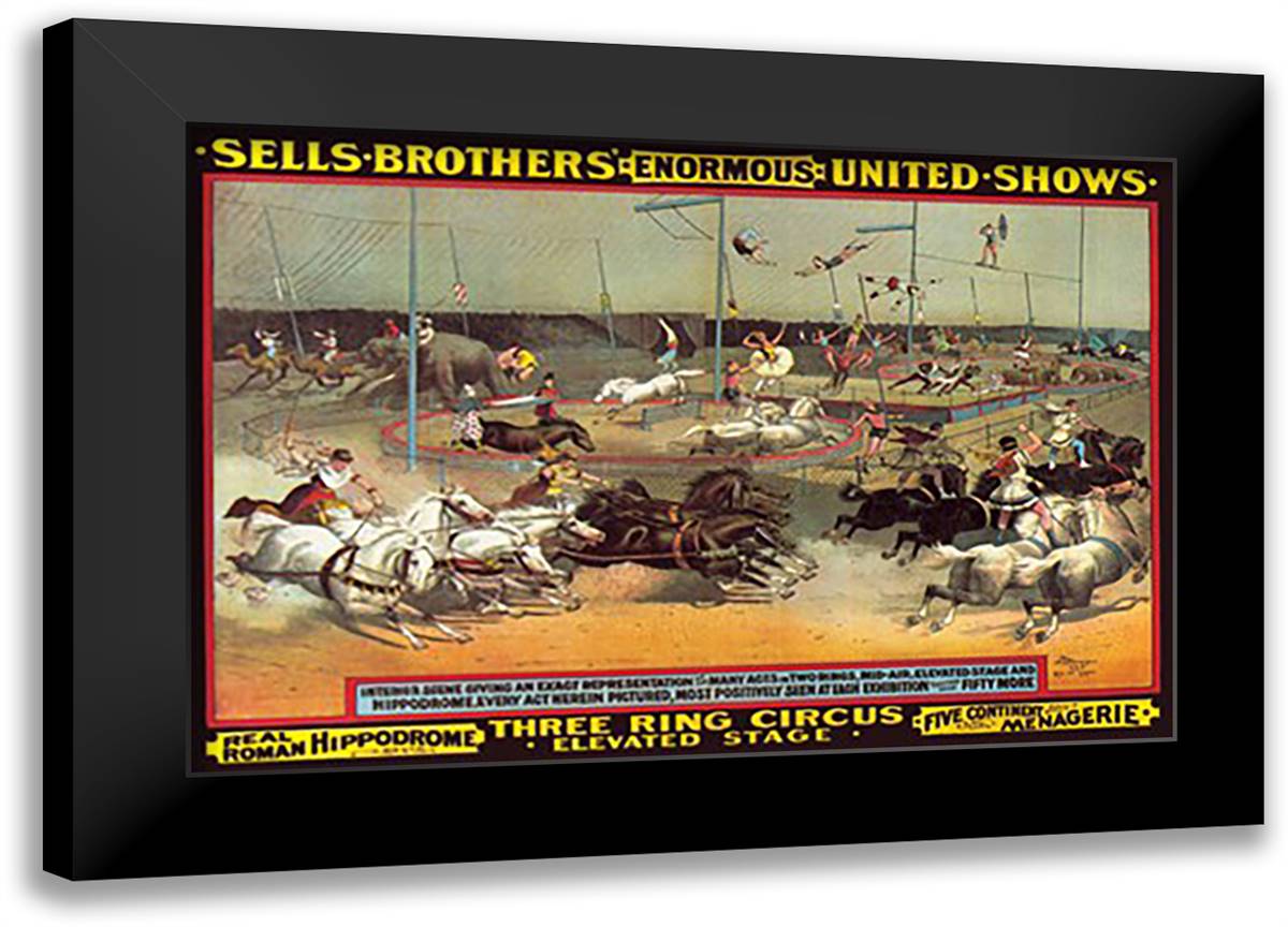 Sells Brothers' Enormous United Shows: Three Ring Circus 22x16 Black Modern Wood Framed Art Print Poster
