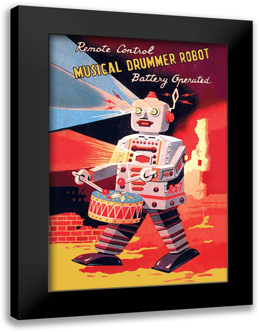 Musical Drummer Robot 16x22 Black Modern Wood Framed Art Print Poster