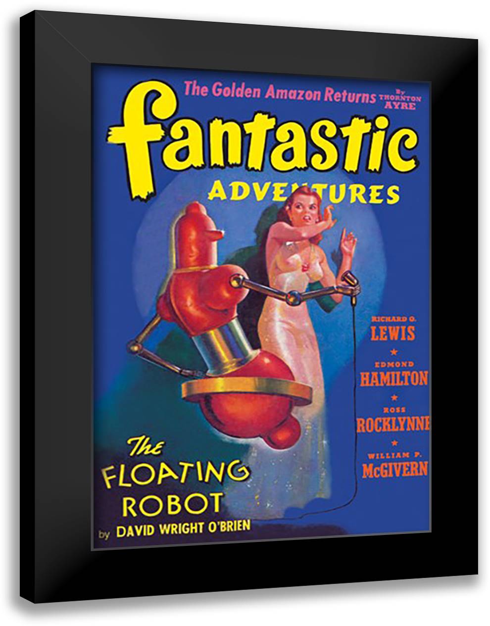 Fantastic Adventures: Floating Robot and Woman 16x22 Black Modern Wood Framed Art Print Poster