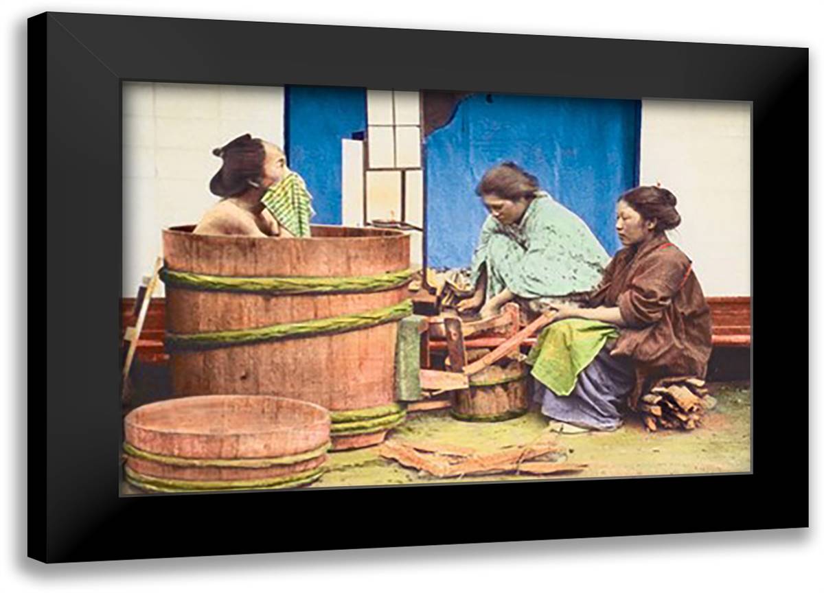 Man Having a Bath 22x16 Black Modern Wood Framed Art Print Poster by Kiitsu, Suzuki Motonaga
