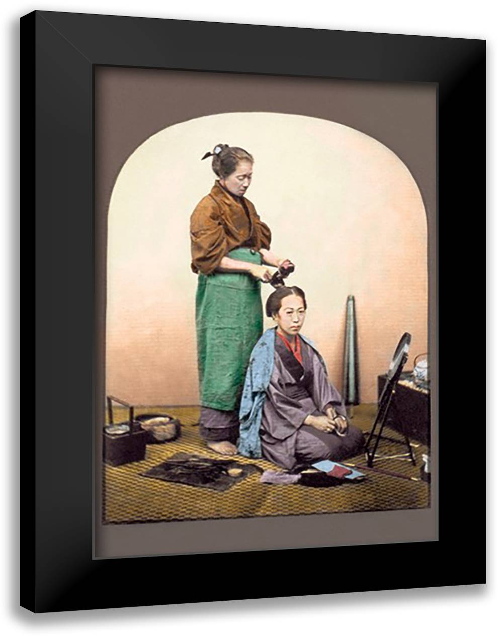 Woman having Her Hair Done 16x22 Black Modern Wood Framed Art Print Poster by Stillfried, Von