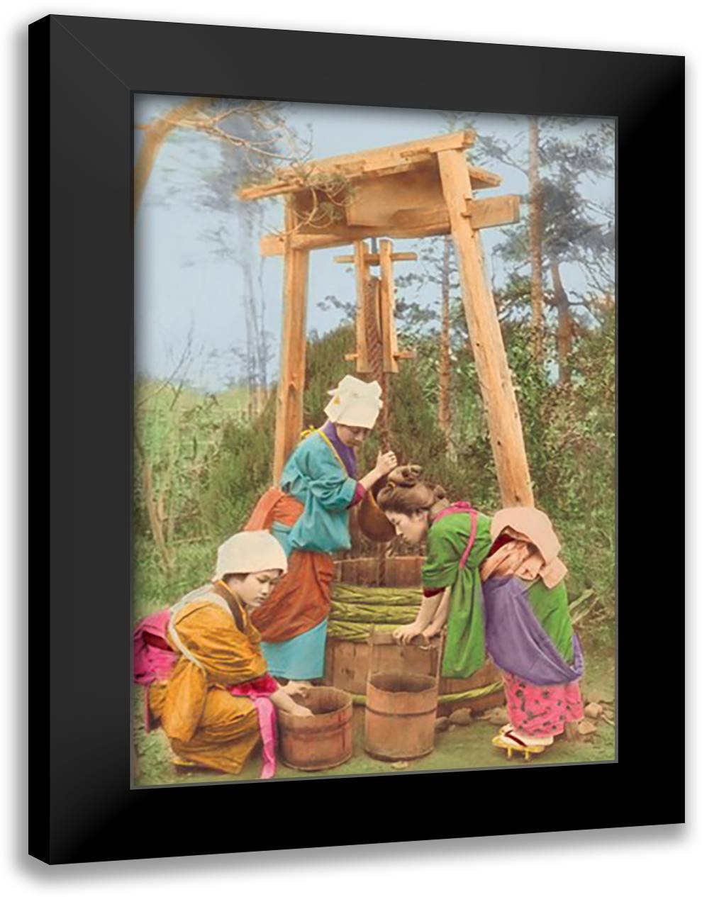 Washing Rice at the Well 16x22 Black Modern Wood Framed Art Print Poster by Imperial Art School of Japan