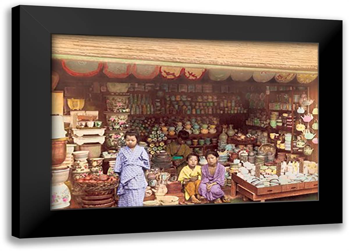 Porcelain and Pottery Shop 22x16 Black Modern Wood Framed Art Print Poster by Imperial Art School of Japan