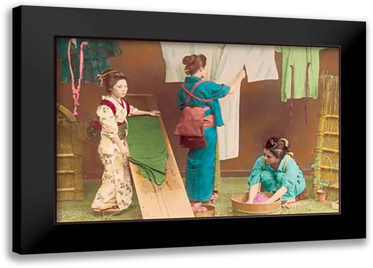 Washing Kimonos 22x16 Black Modern Wood Framed Art Print Poster by Imperial Art School of Japan