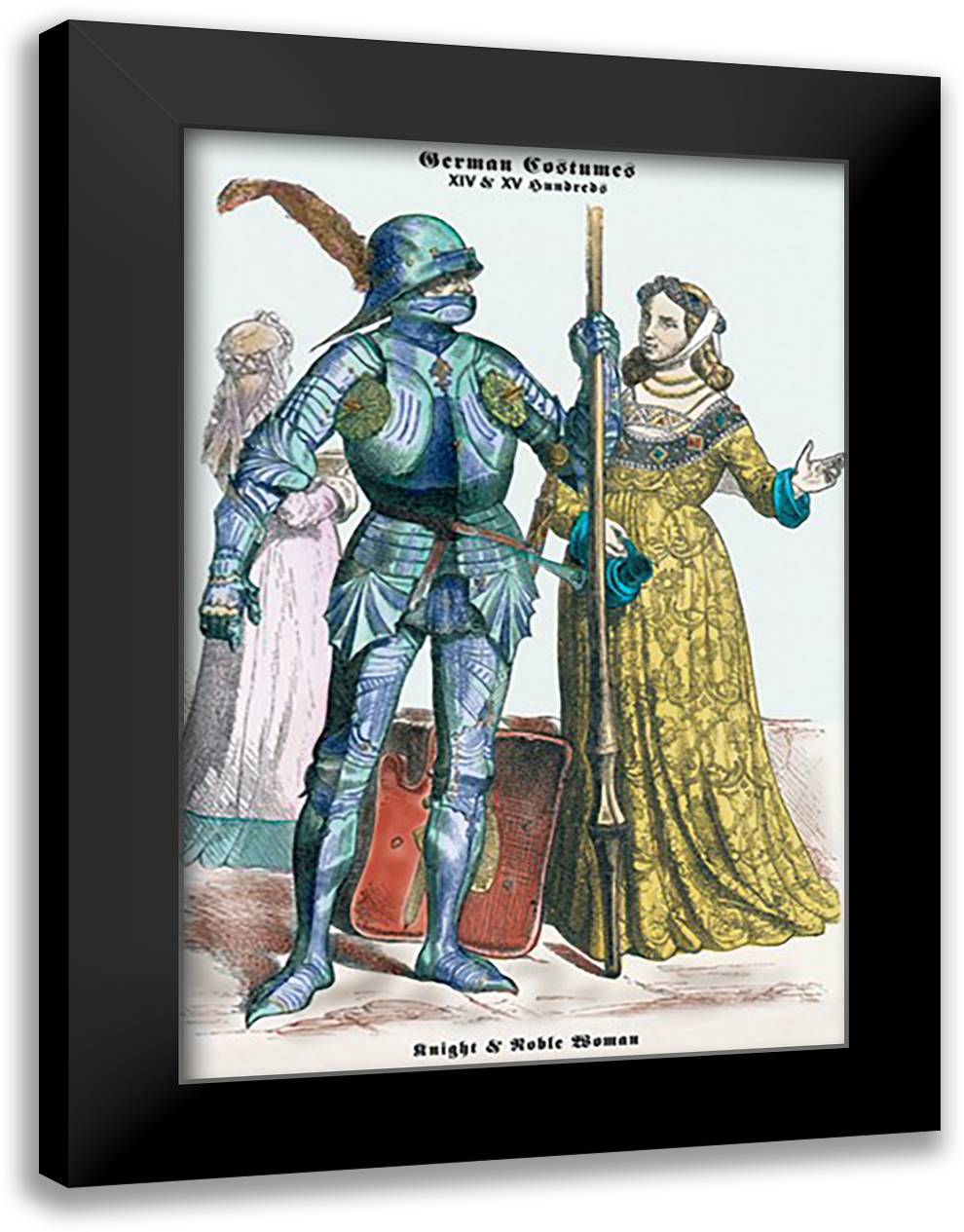 German Costumes: Knight with Staff and Noble Woman 16x22 Black Modern Wood Framed Art Print Poster
