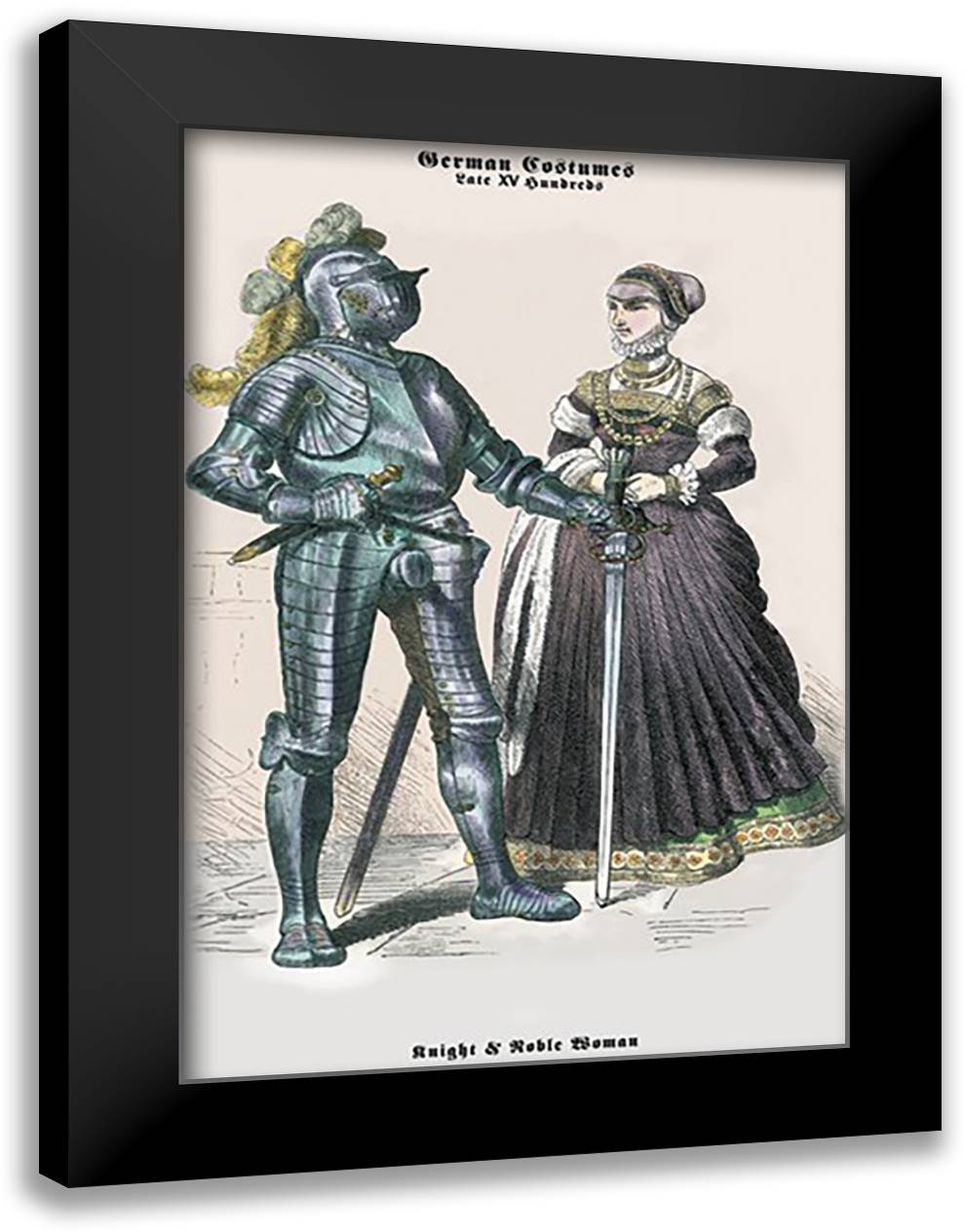 German Costumes: Knight with Sword and Noble Woman 16x22 Black Modern Wood Framed Art Print Poster