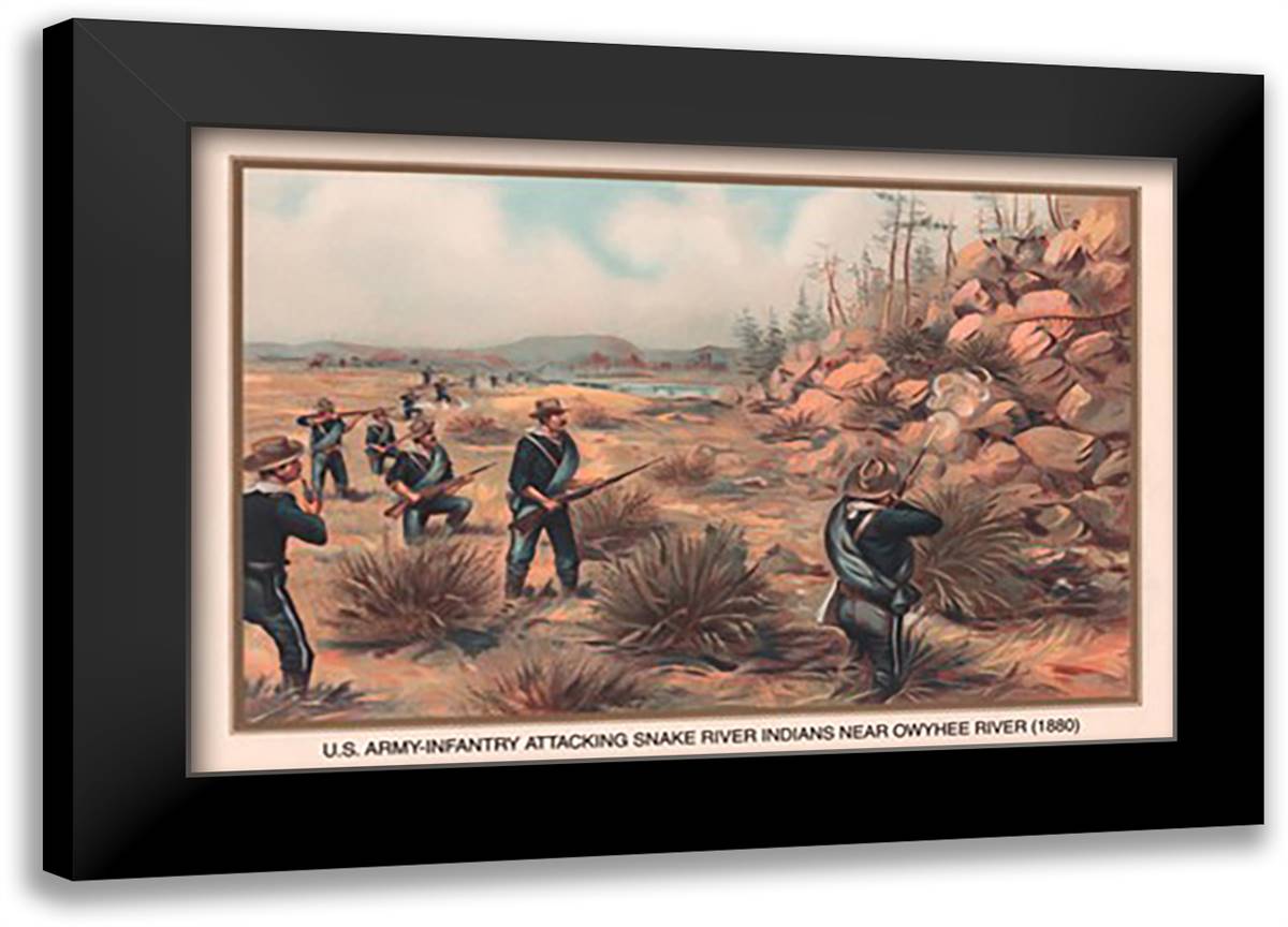 Infantry Attcking Snake River Indians Near Owyhee River, 1880 22x16 Black Modern Wood Framed Art Print Poster by Wagner, Arthur