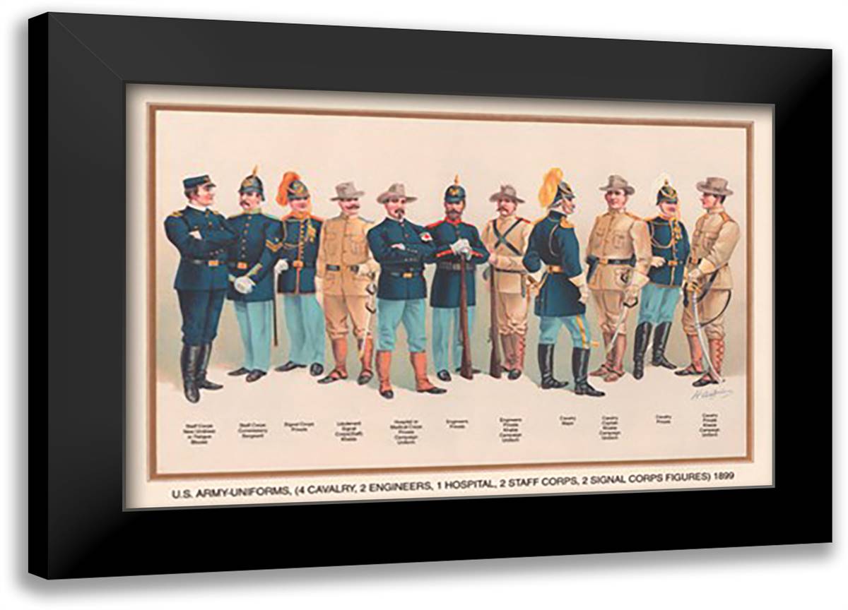 Uniforms (4 Cavalry, 2 Engineers, 1 Hospital, 2 Staff, 2 Signal Corps), 1899 22x16 Black Modern Wood Framed Art Print Poster by Wagner, Arthur