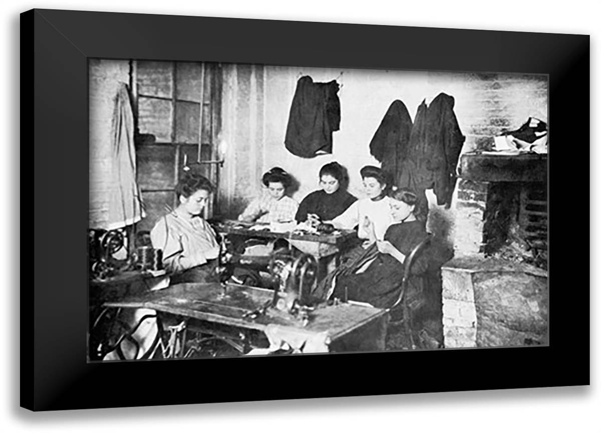Five Immigrant Women Sit at a Table and Sew 22x16 Black Modern Wood Framed Art Print Poster