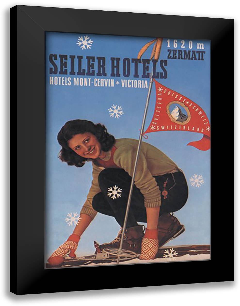 Seiler Hotel: Woman Adjusting Skis 16x22 Black Modern Wood Framed Art Print Poster by Mattei F.