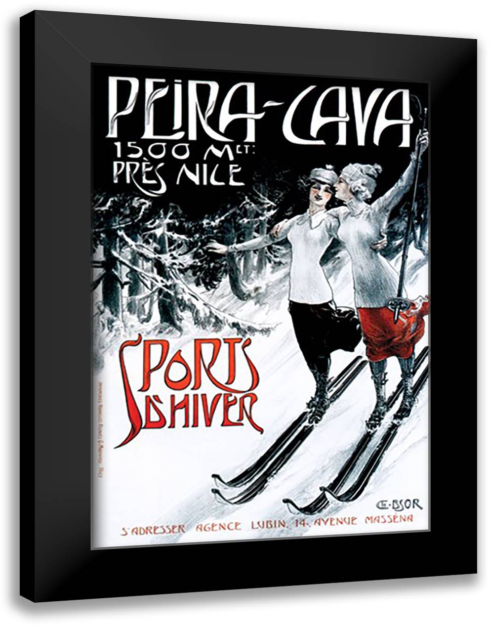 Sports d'Hiver: Skiing Friends 16x22 Black Modern Wood Framed Art Print Poster by Porte, Guy