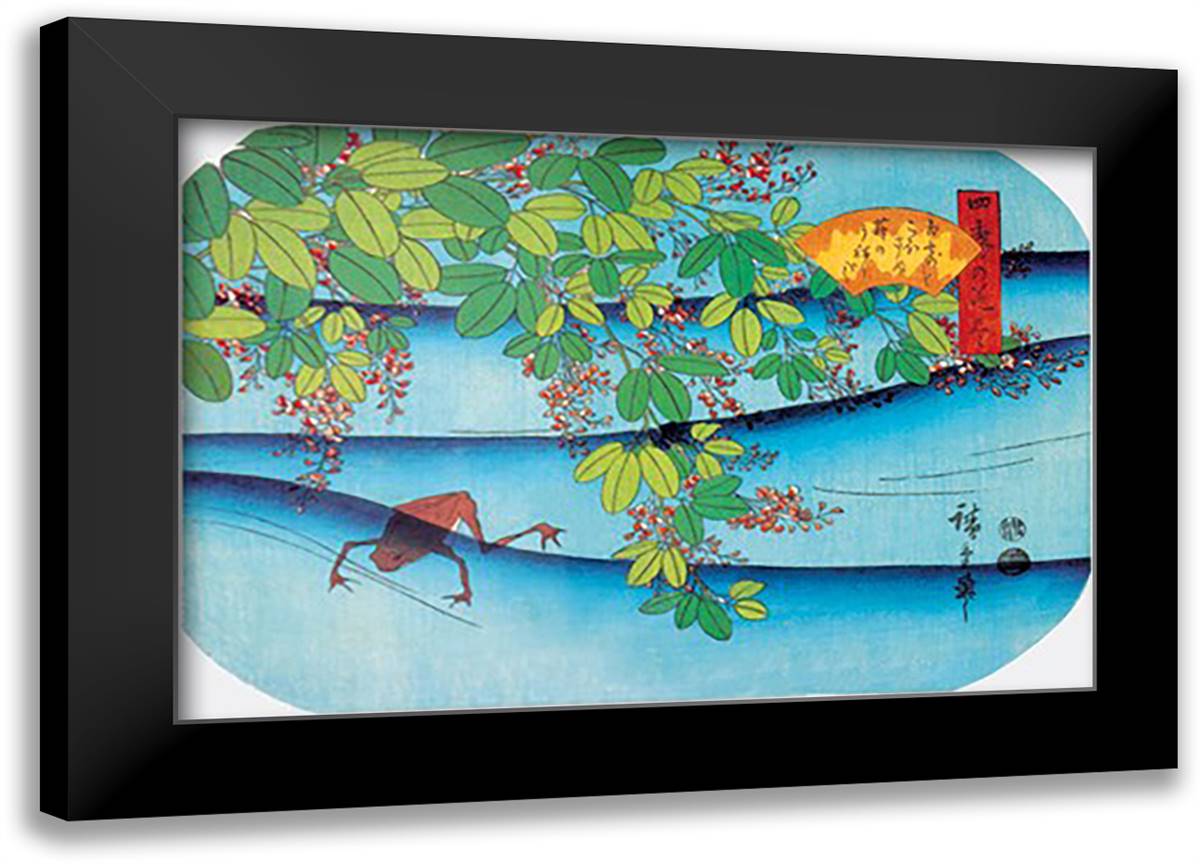 Clover Bush and Frog 22x16 Black Modern Wood Framed Art Print Poster by Hiroshige, Utagawa
