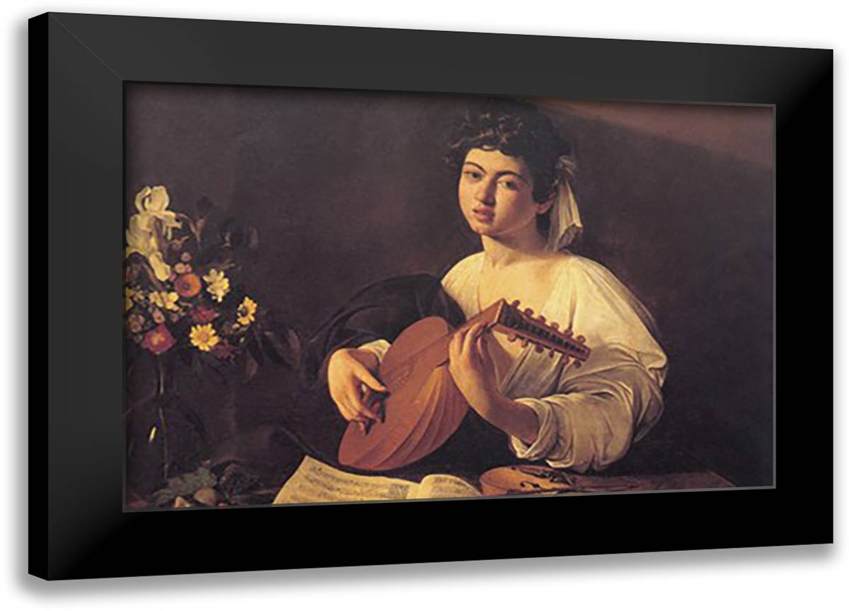 Musician Playing Lute 22x16 Black Modern Wood Framed Art Print Poster
