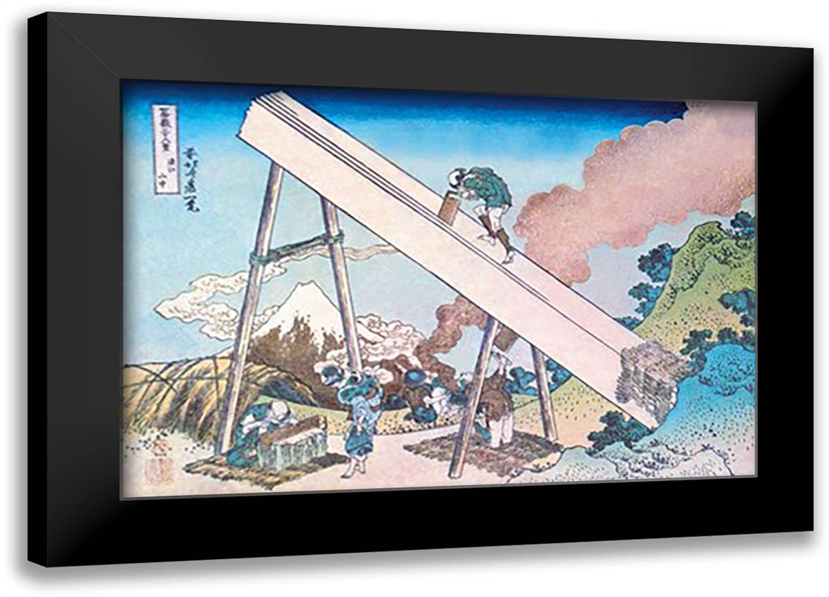 Working Within View of Mount Fuji 22x16 Black Modern Wood Framed Art Print Poster by Hokusai, Katsushika