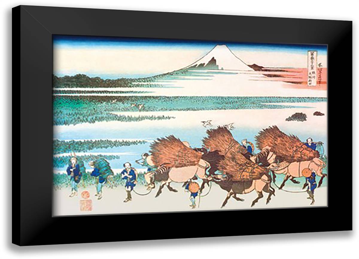 Merchants Travel to Market in View of Mount Fuji 22x16 Black Modern Wood Framed Art Print Poster by Hokusai, Katsushika