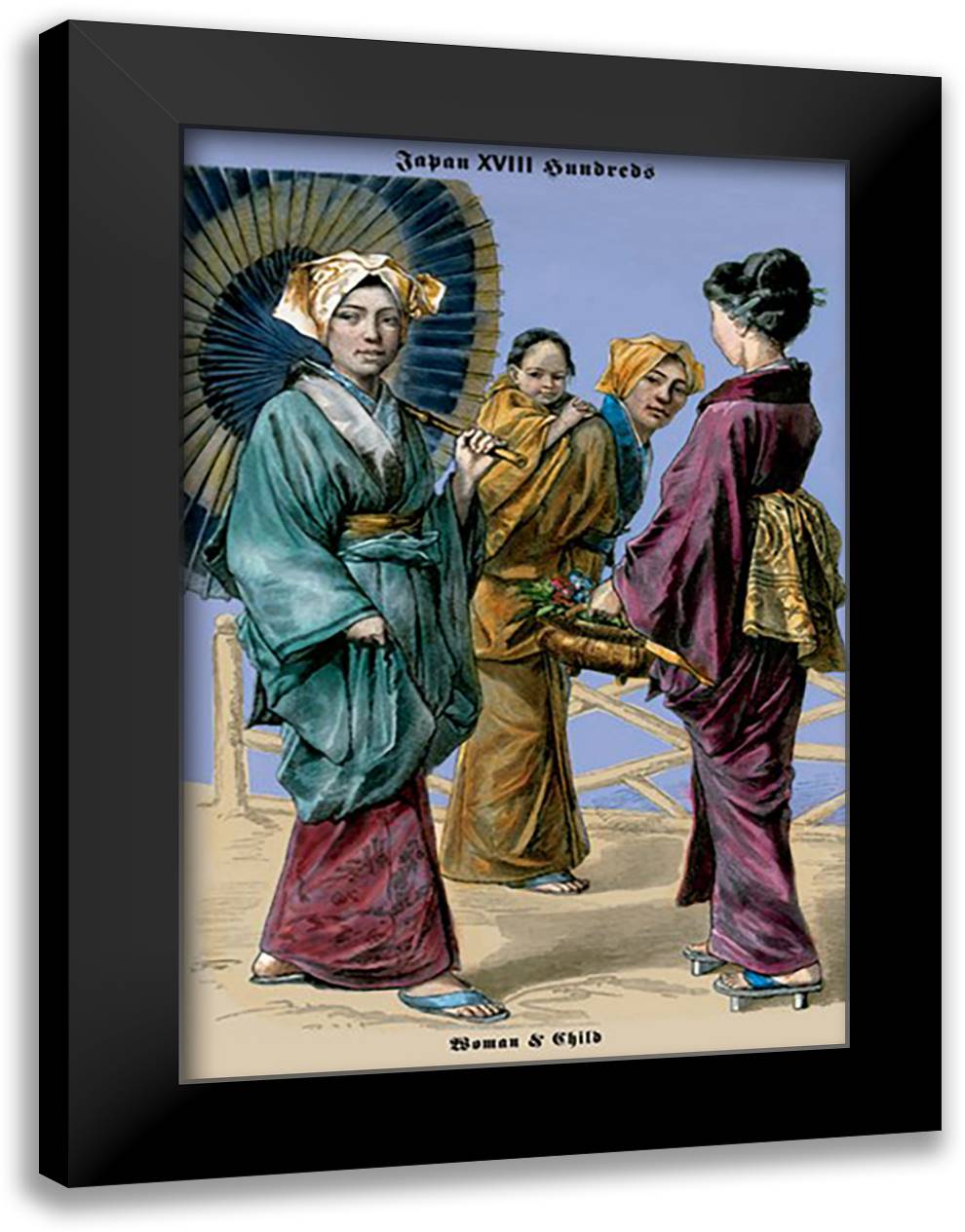 Japanese Women and Child, 19th Century 16x22 Black Modern Wood Framed Art Print Poster by Brown, Richard