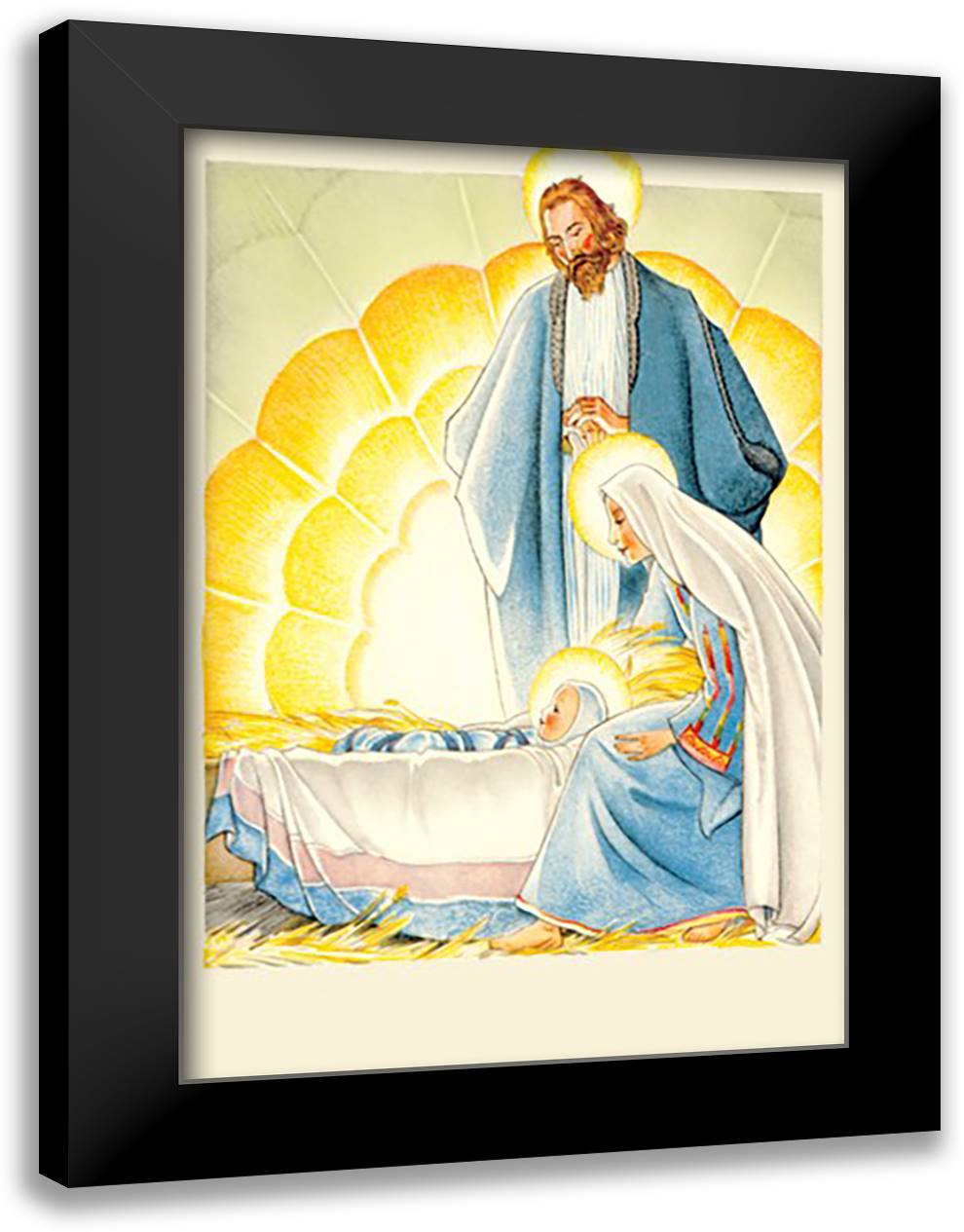 Joseph, Mary, and New Born Baby Jesus 16x22 Black Modern Wood Framed Art Print Poster