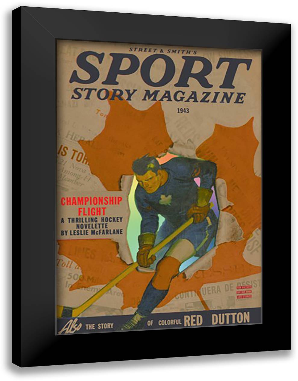 Hockey Player Skating Through Hole in Newspaper Headlines 16x22 Black Modern Wood Framed Art Print Poster