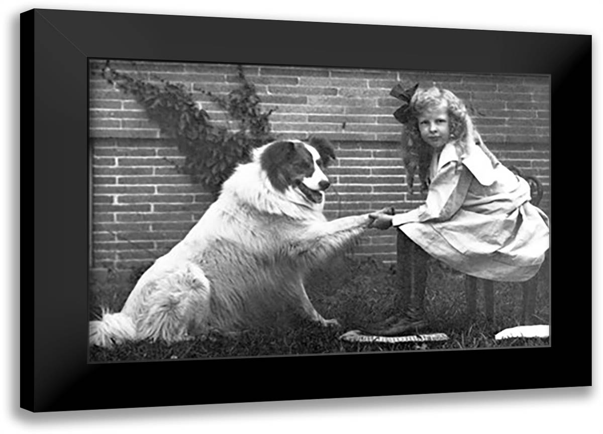 Girl Shaking Hands with Dog 22x16 Black Modern Wood Framed Art Print Poster