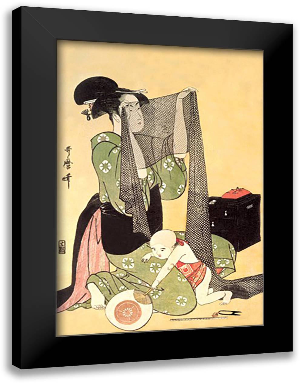 Japanese Mother and Child 16x22 Black Modern Wood Framed Art Print Poster by Utamaro, Kitagawa