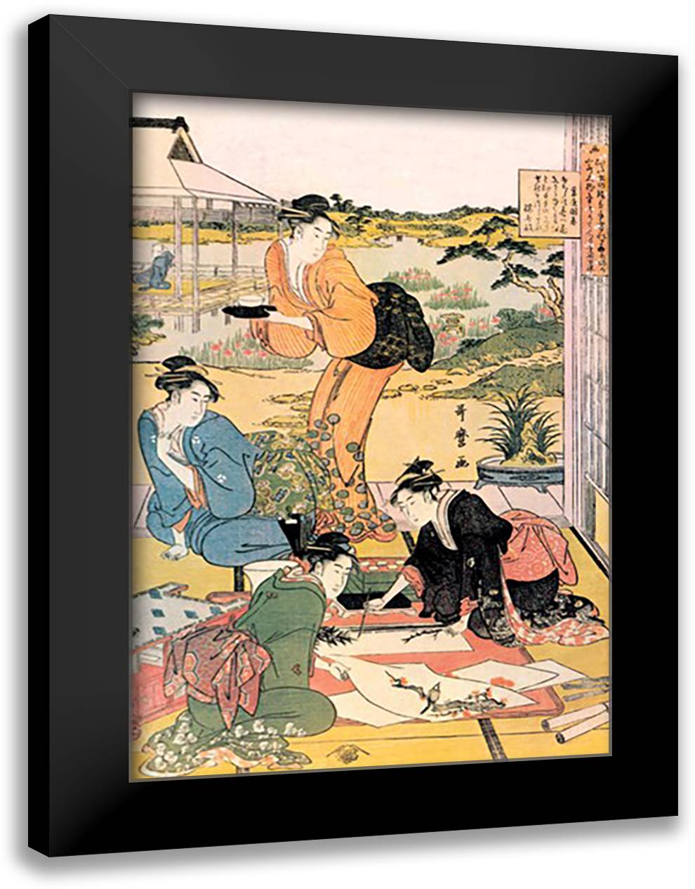 Painting in the Garden 16x22 Black Modern Wood Framed Art Print Poster by Utamaro, Kitagawa