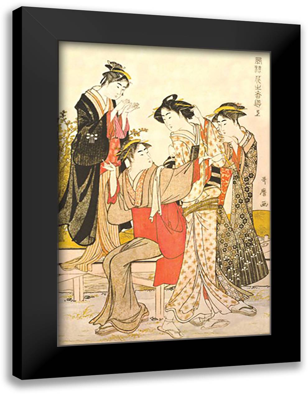 Four Women 16x22 Black Modern Wood Framed Art Print Poster by Utamaro, Kitagawa