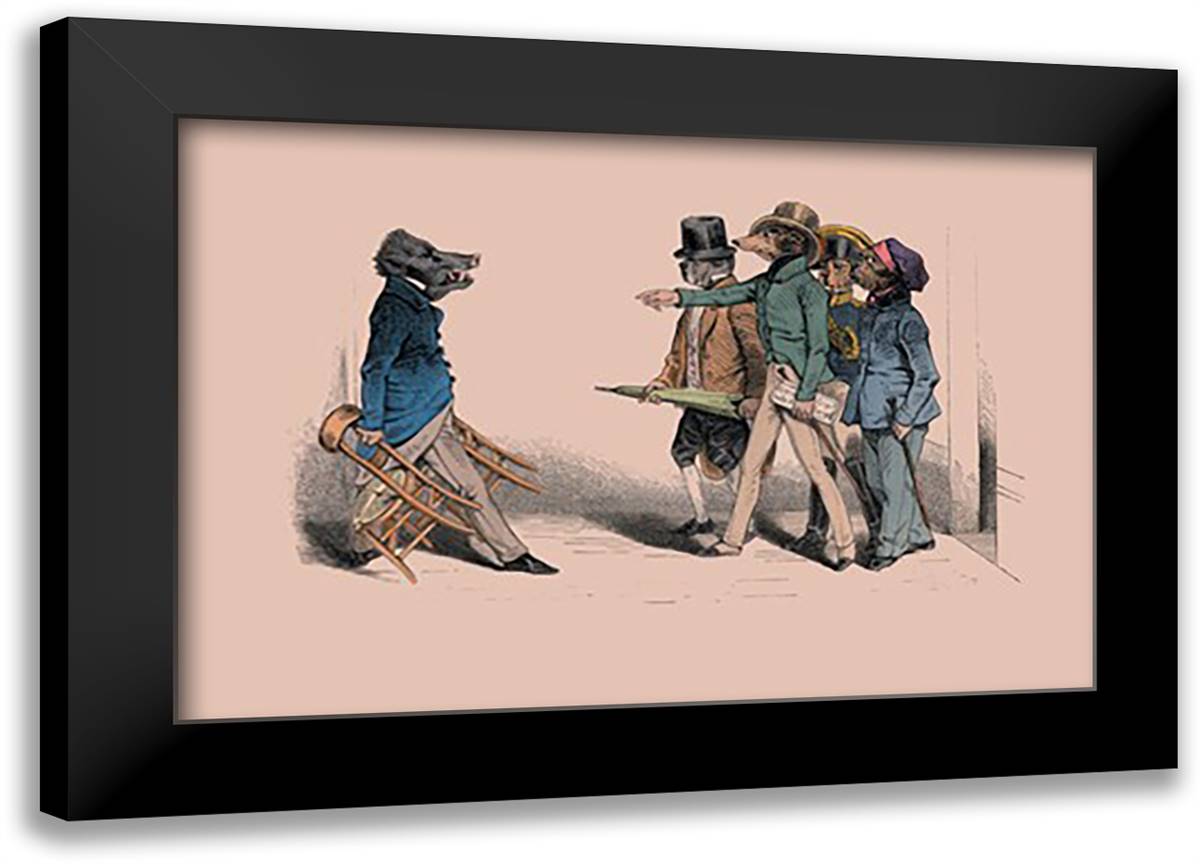 Hog and Dogs 22x16 Black Modern Wood Framed Art Print Poster by Grandville, J.