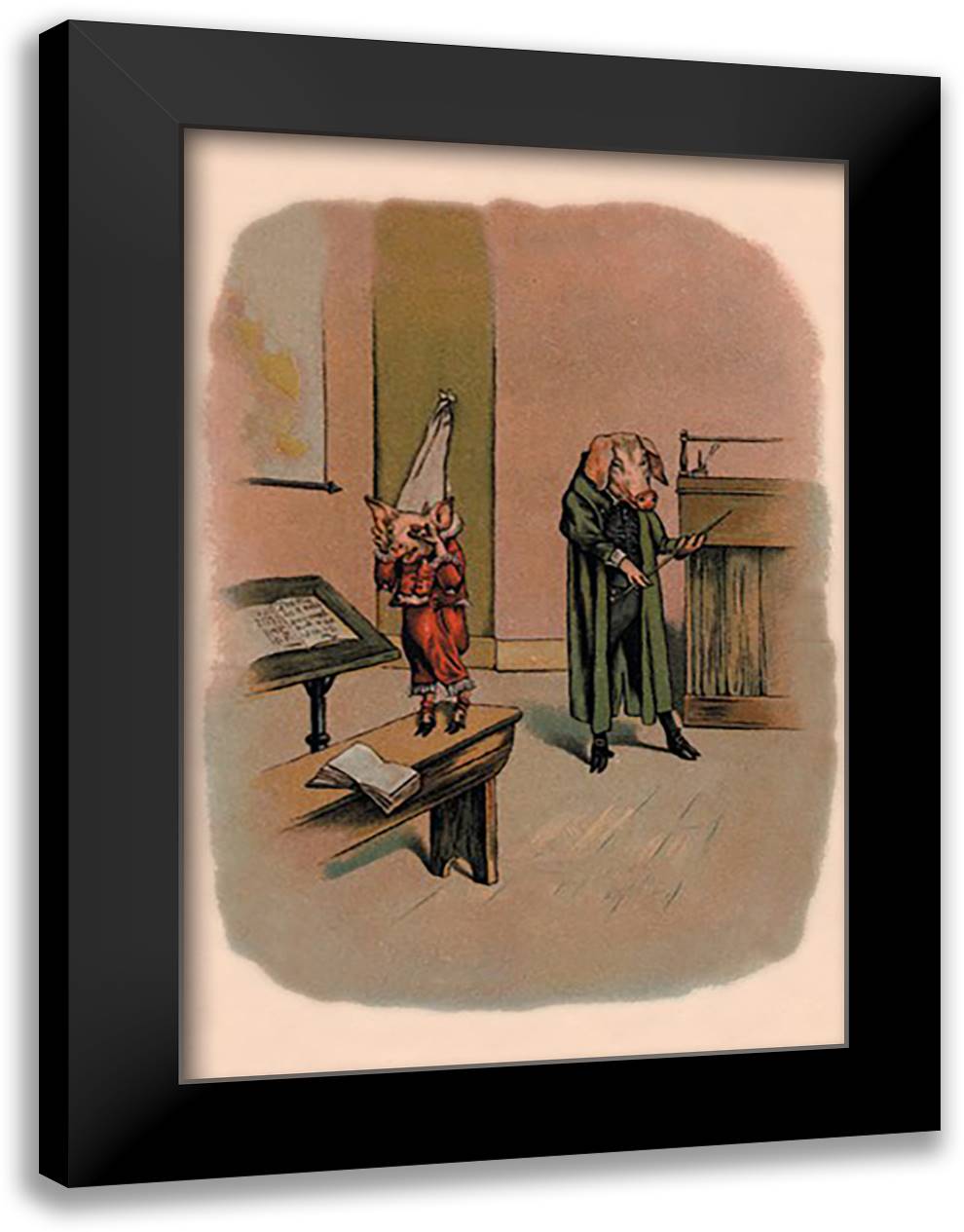 Pig in Dunce Cap and School Master 16x22 Black Modern Wood Framed Art Print Poster by Gual, A.