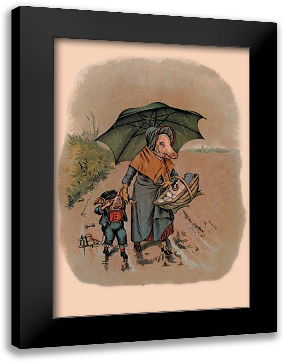 Mother Pig and Sad Little Pig Walking in the Rain 16x22 Black Modern Wood Framed Art Print Poster by Gual, A.