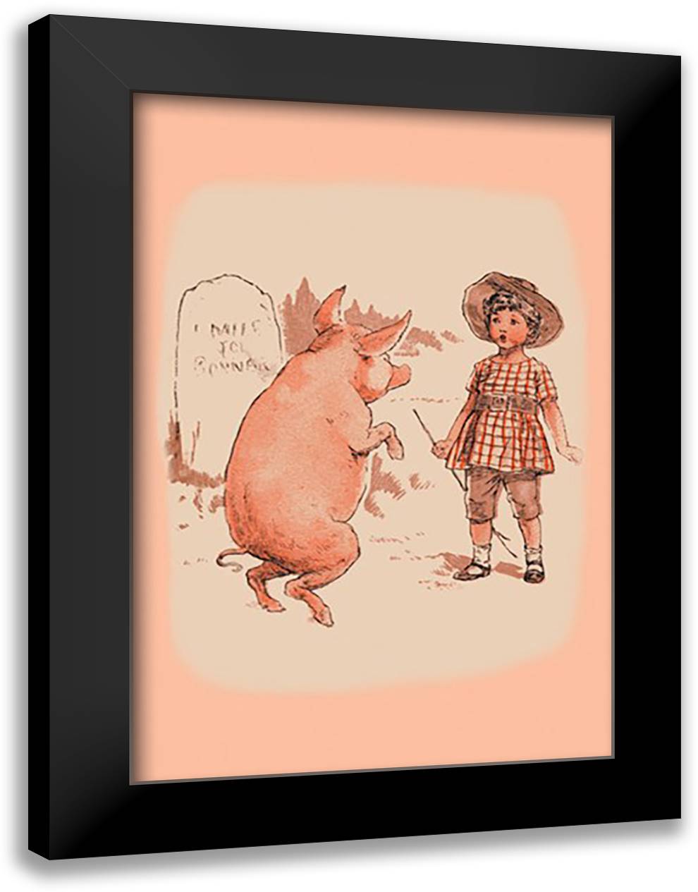 Pig on Hind Legs and Little Girl 16x22 Black Modern Wood Framed Art Print Poster