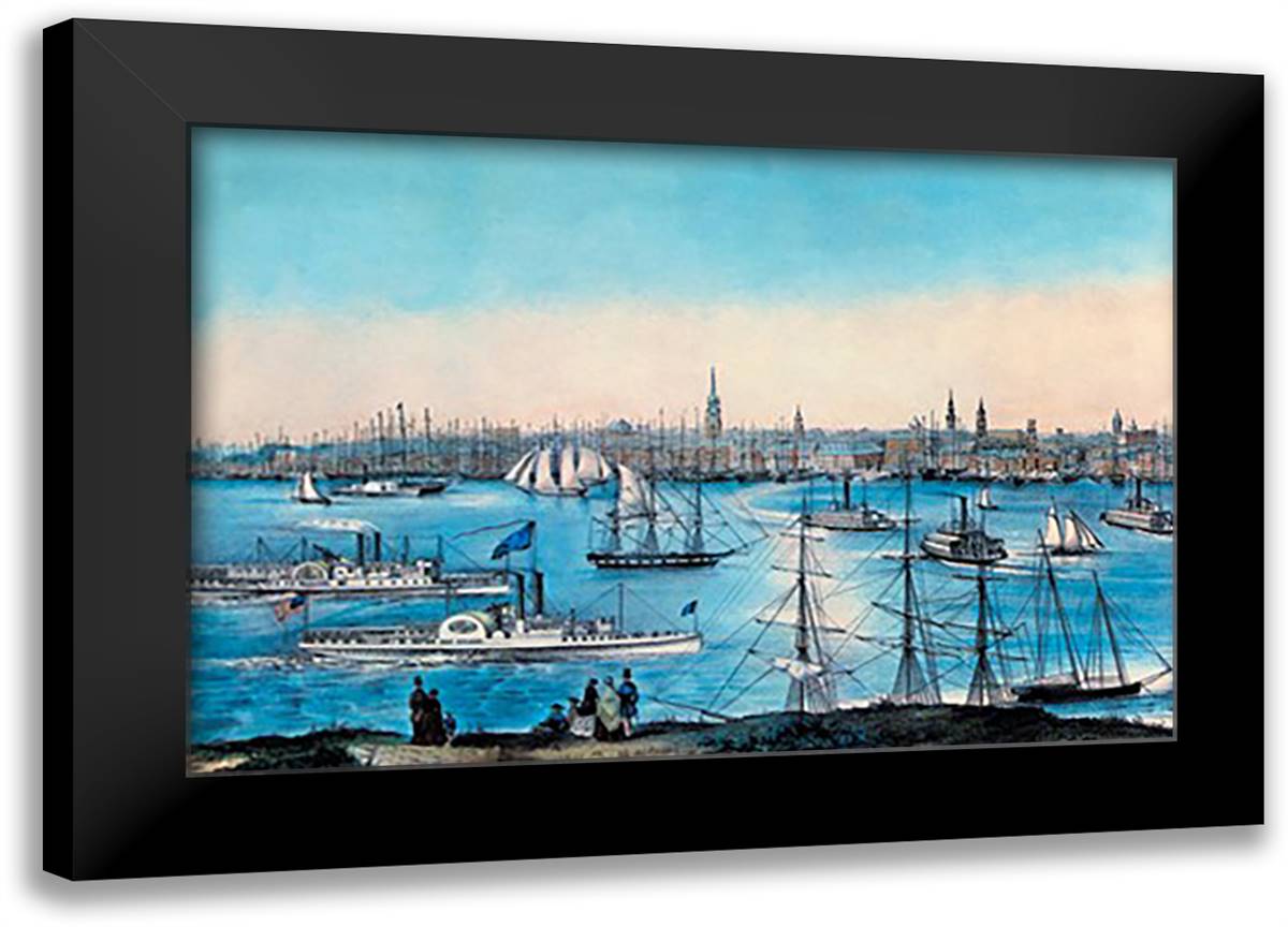 New York Harbor View 22x16 Black Modern Wood Framed Art Print Poster by Currier, Nathaniel