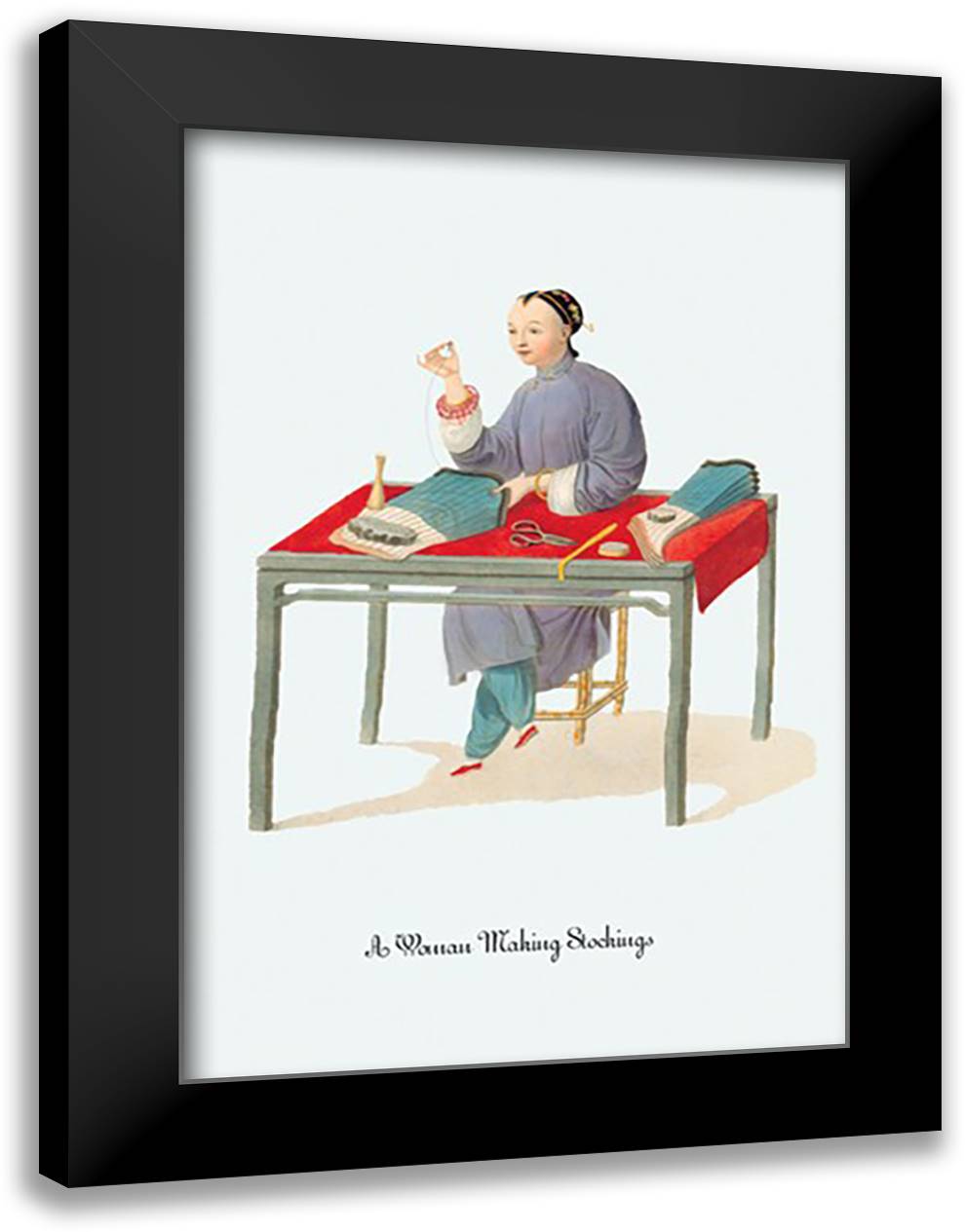 Woman Making Stockings 16x22 Black Modern Wood Framed Art Print Poster by Malon, George Henry