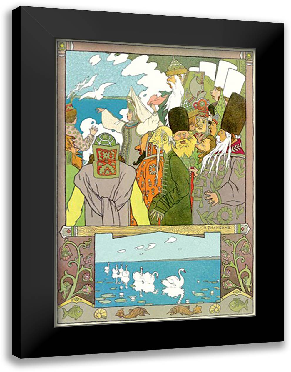 Swans 16x22 Black Modern Wood Framed Art Print Poster by Bilibin, Ivan