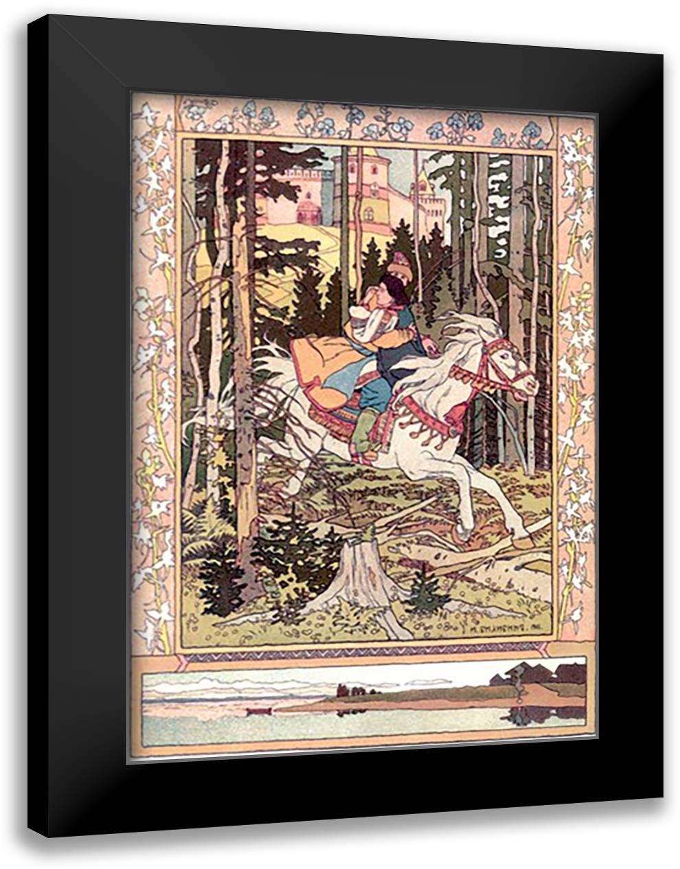 Lovers Riding 16x22 Black Modern Wood Framed Art Print Poster by Bilibin, Ivan